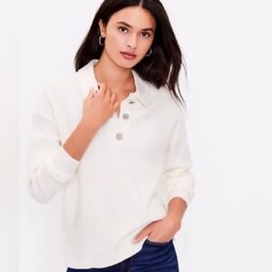 LOFT Cream Ivory Collared Wool Knit Sweater • Small Petite • Jewel Button Detail
